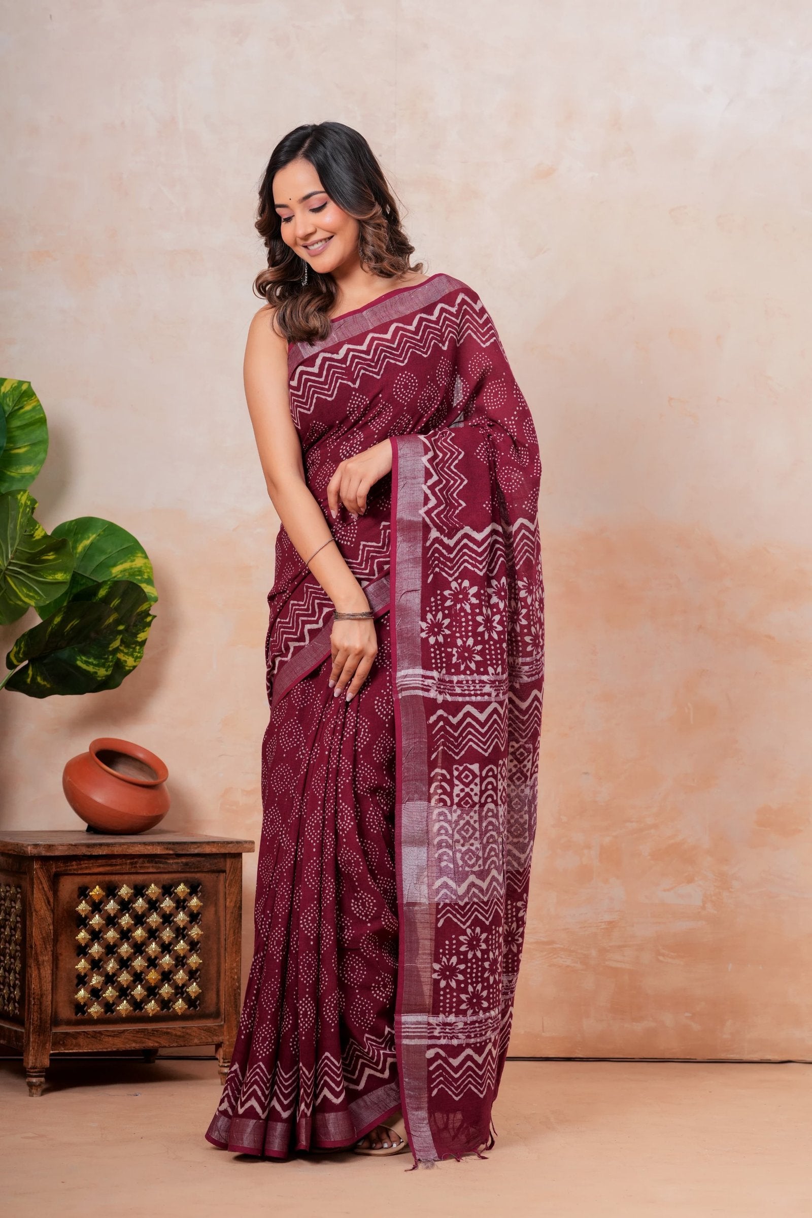 Maroon linen cotton saree with zigzag and floral Bagru hand block print