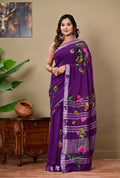 Purple & Green Floral Motifs Bagru Hand Block Print Linen Cotton Saree With Blouse Piece
