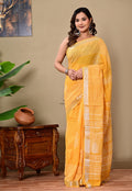 Yellow saree with floral and geometric Bagru hand block print design