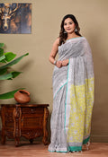 Black & Yellow Striped and Floral Bagru Hand Block Print Linen Cotton Saree With Blouse Piece