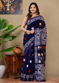 Navy Blue & White Polka Dot Bagru Hand Block Print Linen Cotton Saree With Blouse Piece