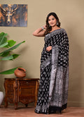 Black & White Floral Buti Bagru Hand Block Print Linen Cotton Saree With Blouse Piece