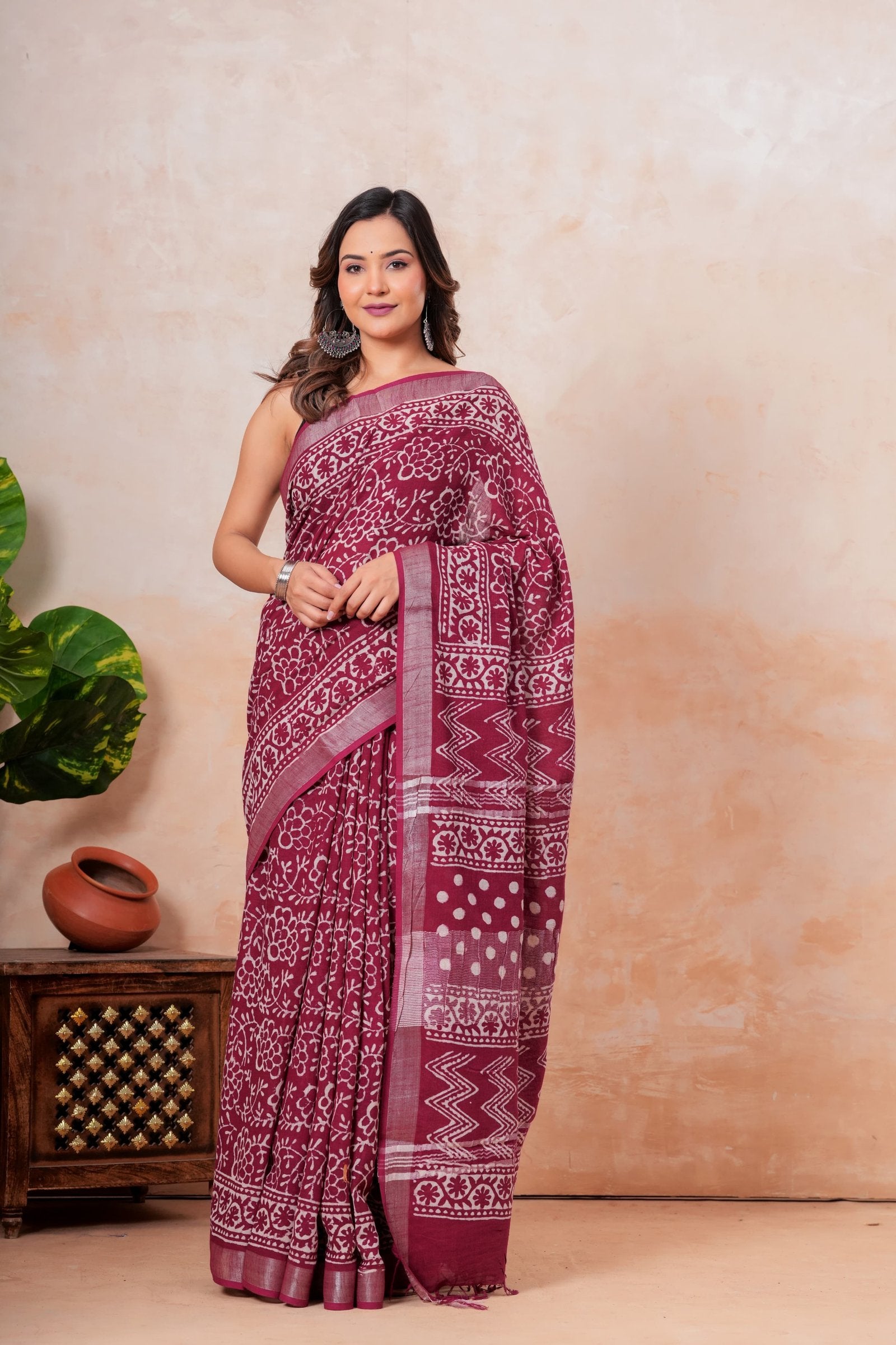 Burgundy saree with floral and geometric Bagru hand block print motif