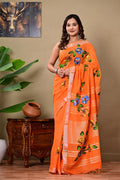 Orange & Blue Floral Hand Block Print Bagru Hand Block Print Linen Cotton Saree With Blouse Piece