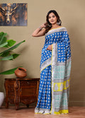 Blue & White Floral Buti Bagru Hand Block Print Linen Cotton Saree With Blouse Piece