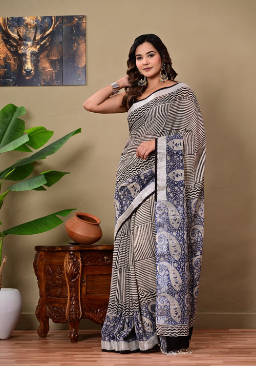 Black & Blue Geometric Paisley Bagru Hand Block Print Linen Cotton Saree With Blouse Piece