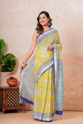 Yellow and blue floral Bagru hand block print saree with intricate border