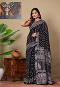 Black & Off-White Floral Motifs Bagru Hand Block Print Linen Cotton Saree With Blouse Piece