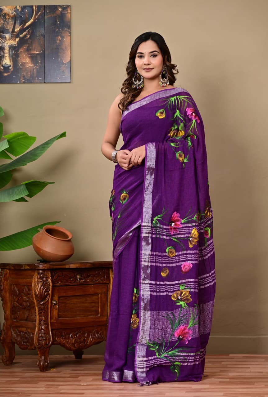 Purple saree with floral Bagru hand block print and silver border