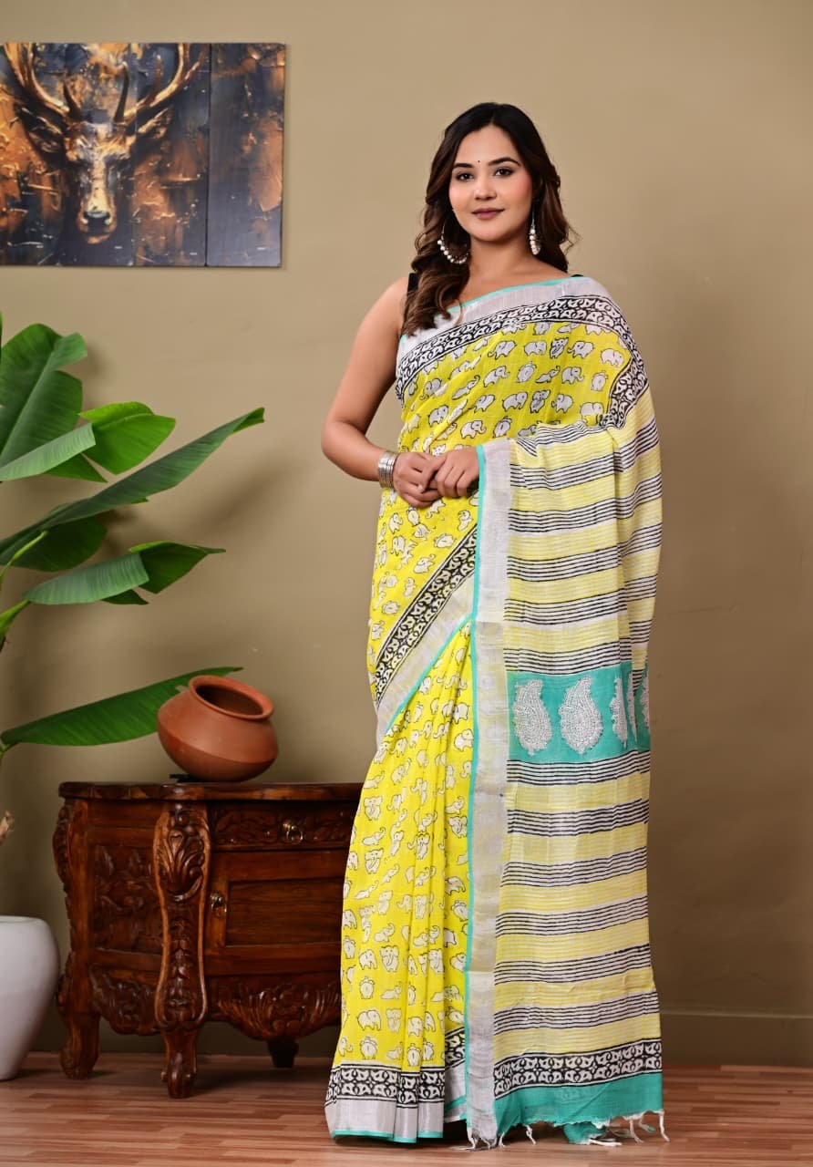 Yellow saree with elephant motifs and striped border, Bagru hand block print
