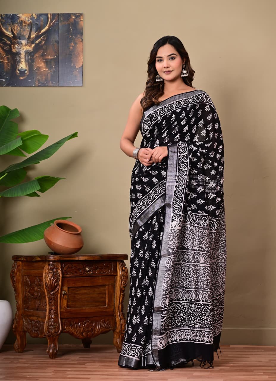 Black saree with white buta motifs and geometric border, Bagru hand block print