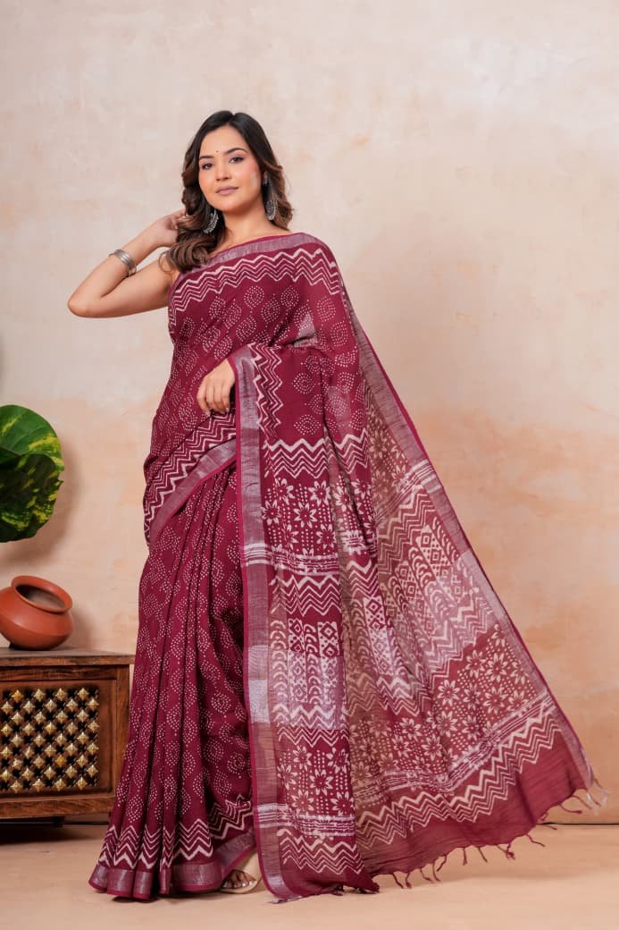 Maroon saree with geometric Bagru hand block print