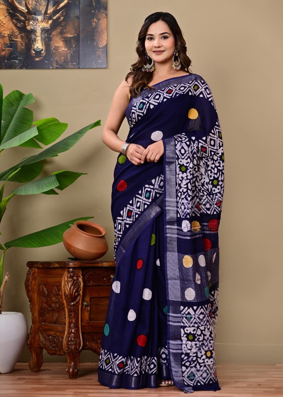 Navy saree with multicolor dot motifs and geometric Bagru block print patterns