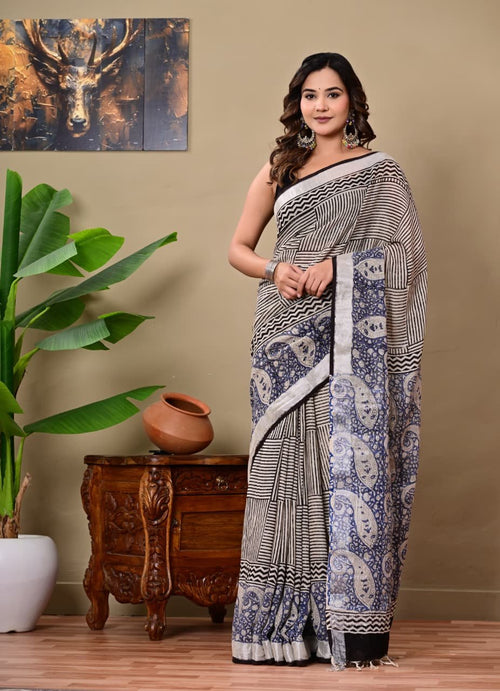 Black & Blue Paisley Motifs Bagru Hand Block Print Linen Cotton Saree With Blouse Piece