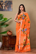 Orange & Blue Floral Motif Bagru Hand Block Print Linen Cotton Saree With Blouse Piece