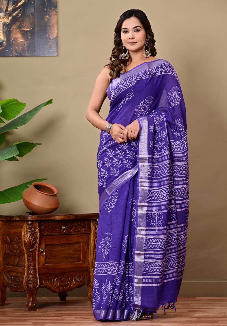 Purple linen cotton saree with floral Bagru hand block print design