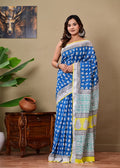Blue & White Floral Block Print Bagru Hand Block Print Linen Cotton Saree With Blouse Piece