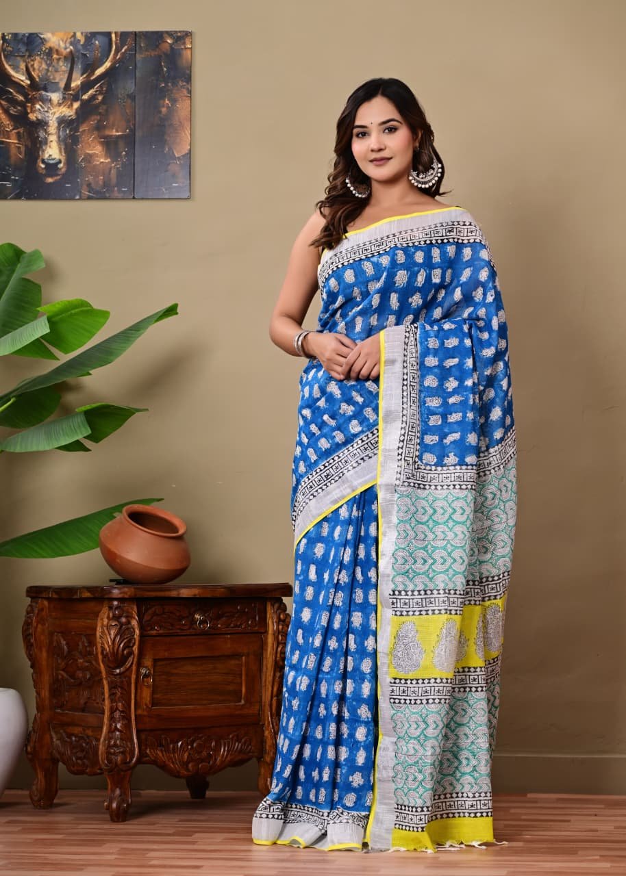 Blue saree with floral Bagru hand block print, yellow and green accents