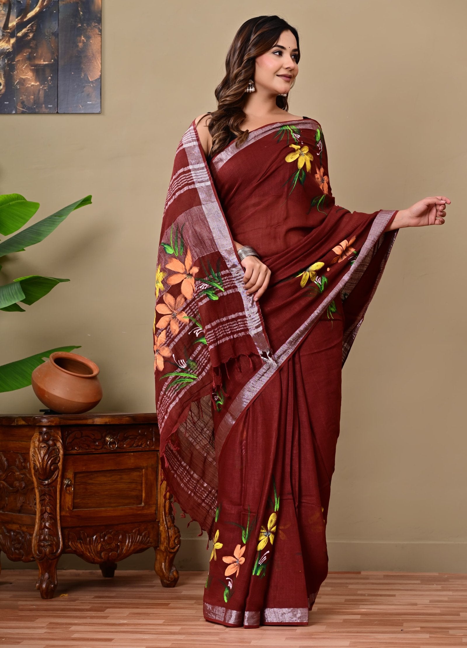 Maroon saree with vibrant floral Bagru hand block print and matching blouse piece