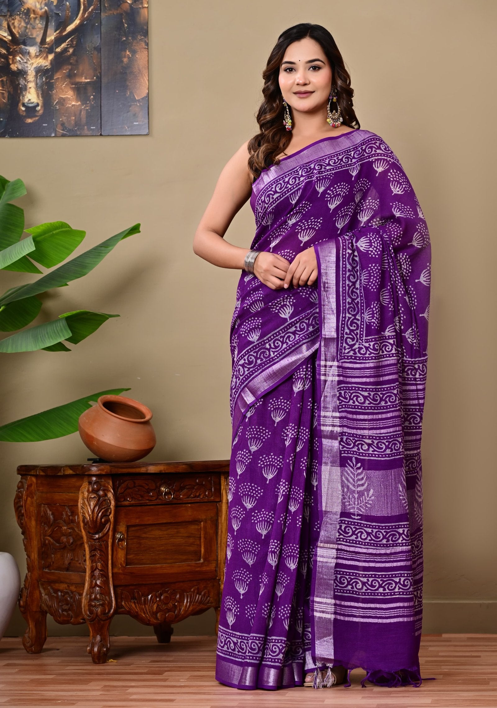 Purple saree with floral Bagru hand block print pattern and intricate border design