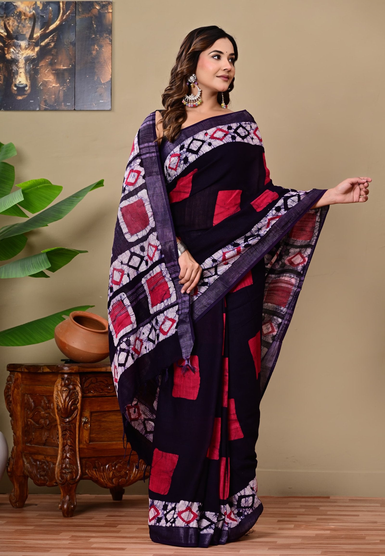 Purple saree with red and white geometric Bagru hand block print patterns