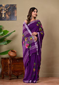 Purple & Green Floral Bagru Hand Block Print Linen Cotton Saree With Blouse Piece