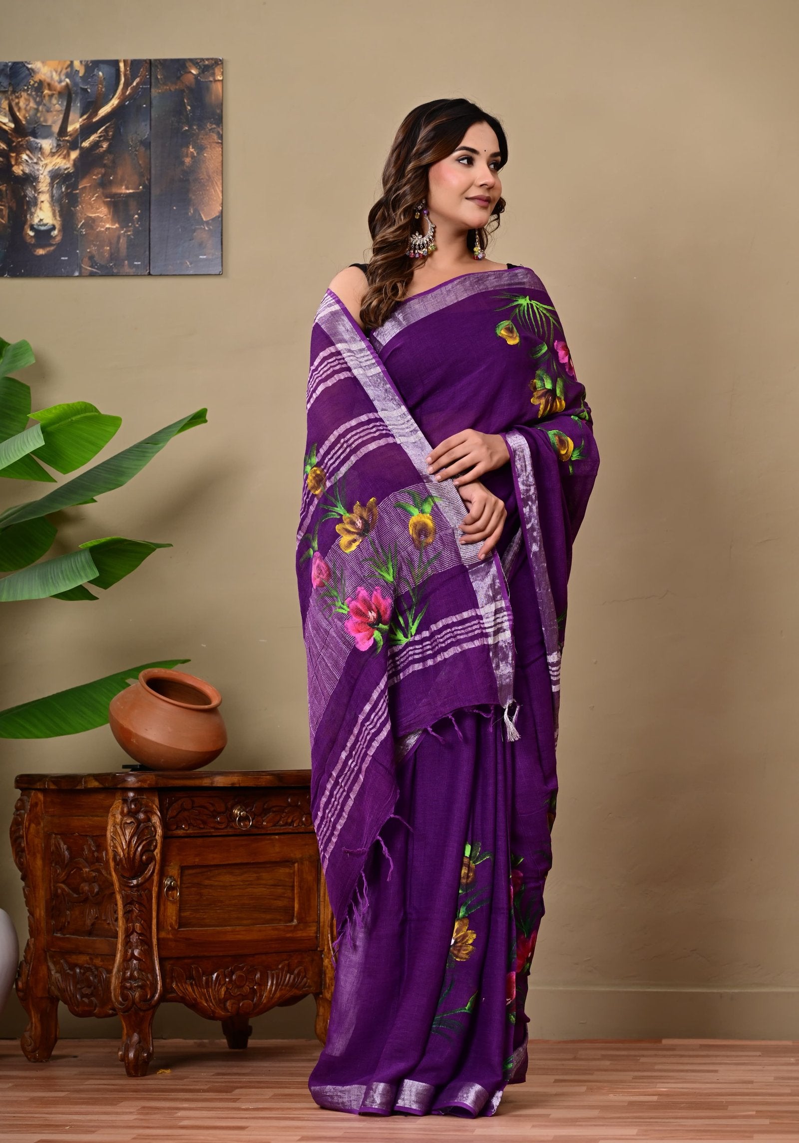 Purple saree with floral motifs, Bagru hand block print, linen cotton blend