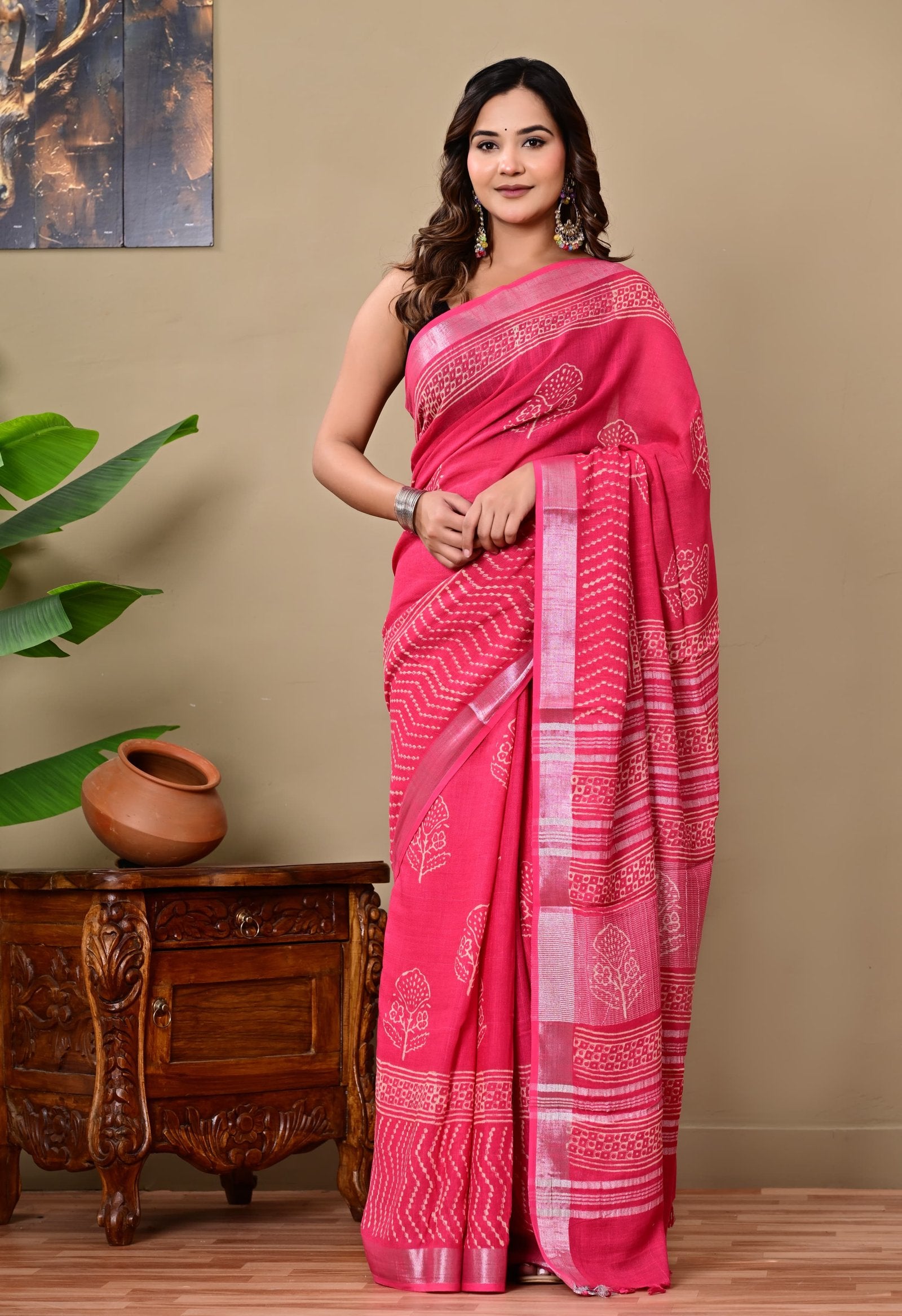 Pink saree with floral Bagru hand block print and intricate patterns
