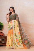 Taupe & Yellow Floral Pattern Bagru Hand Block Print Linen Cotton Saree With Blouse Piece