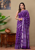 Purple & White Floral Motif Bagru Hand Block Print Linen Cotton Saree With Blouse Piece