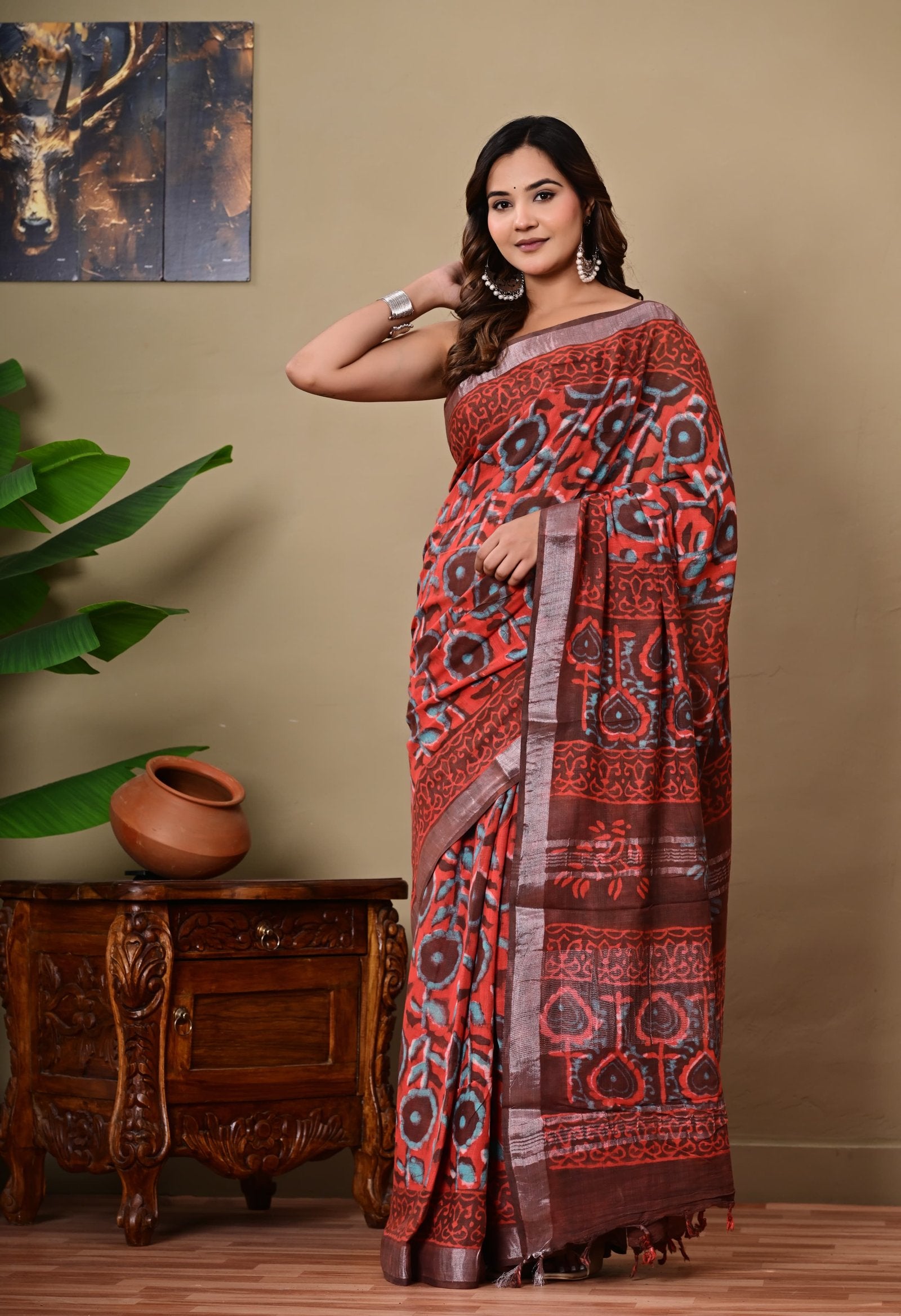 Red and black floral Bagru hand block print saree with natural linen texture
