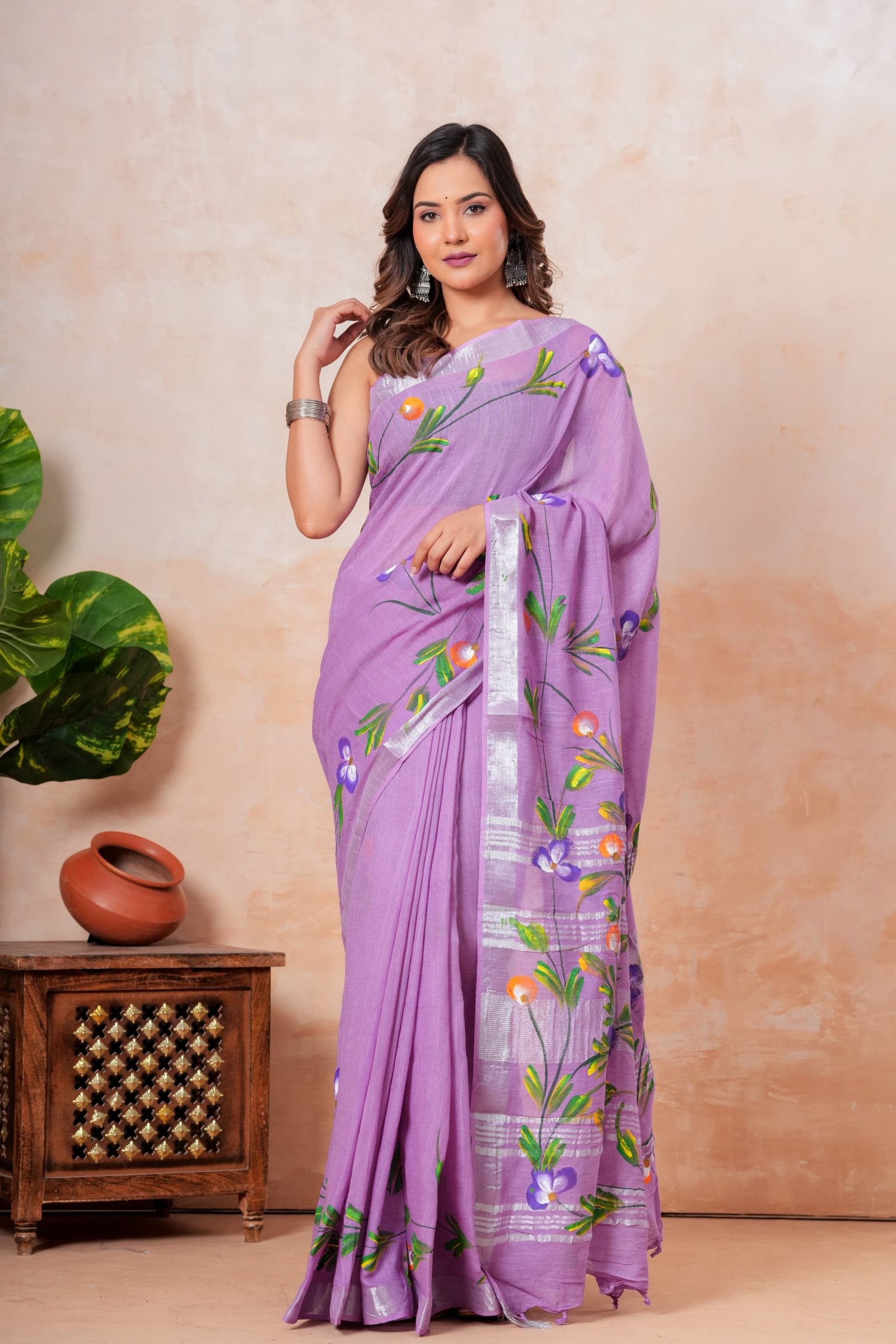 Lavender color saree with floral motifs, Bagru hand block print, natural texture