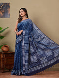 Blue & Off-White Geometric Bagru Hand Block Print Linen Cotton Saree With Blouse Piece