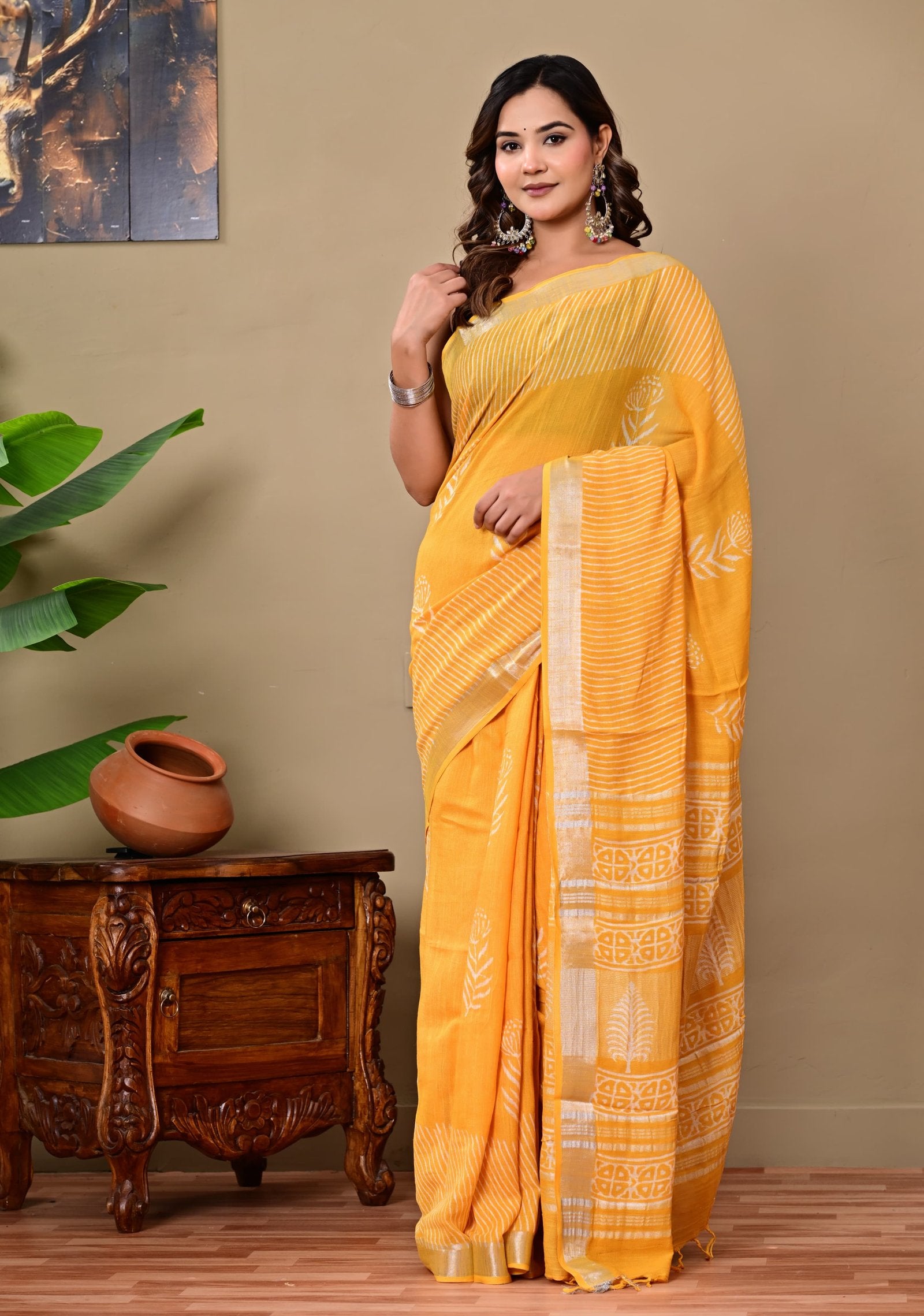 Yellow saree with floral and geometric Bagru hand block prints