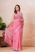 Pink & Silver Floral Motif Bagru Hand Block Print Linen Cotton Saree With Blouse Piece
