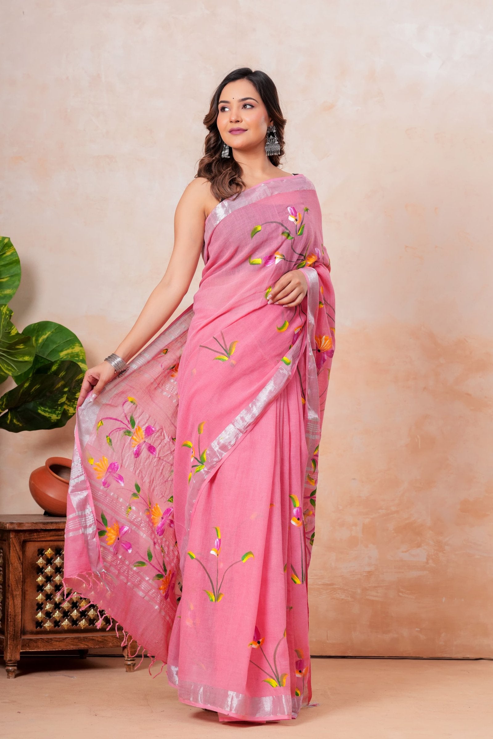 Pink saree with floral hand block print design, Jaipur style