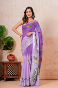Purple & Green Floral Motifs Bagru Hand Block Print Linen Cotton Saree With Blouse Piece