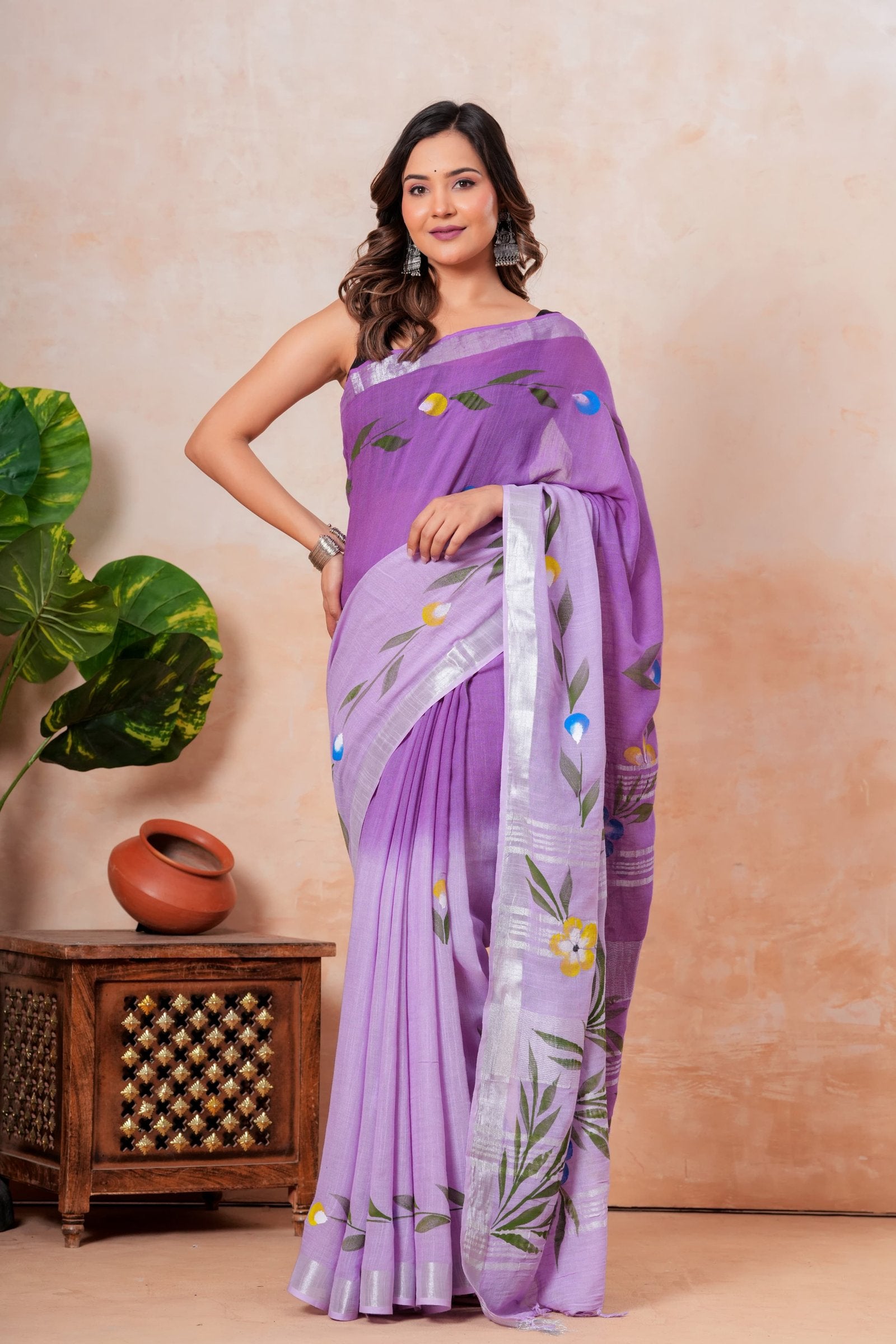 Purple saree with floral motif hand block print in yellow and blue on linen-cotton fabric