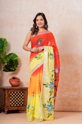 Orange & Yellow Floral Motifs Bagru Hand Block Print Linen Cotton Saree With Blouse Piece