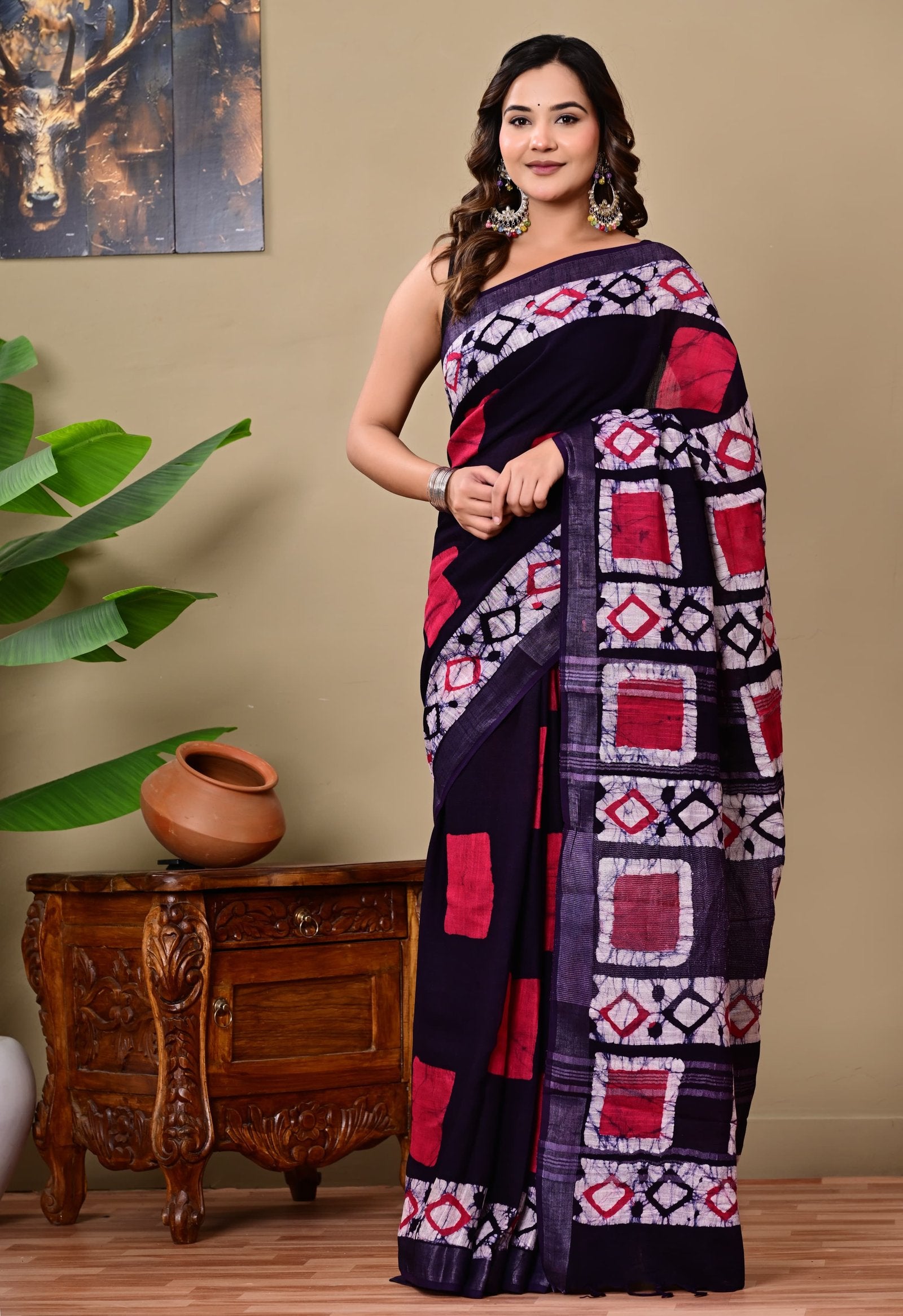 Navy blue saree with red geometric Bagru hand block print motifs
