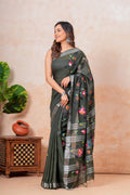 Olive Green & Multi-Color Floral Bagru Hand Block Print Linen Cotton Saree With Blouse Piece