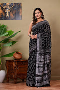Black & White Floral Motifs Bagru Hand Block Print Linen Cotton Saree With Blouse Piece