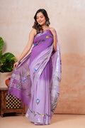 Purple & Silver Floral Bagru Hand Block Print Linen Cotton Saree With Blouse Piece