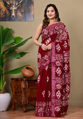 Maroon & Off-White Geometric Motifs Bagru Hand Block Print Linen Cotton Saree With Blouse Piece