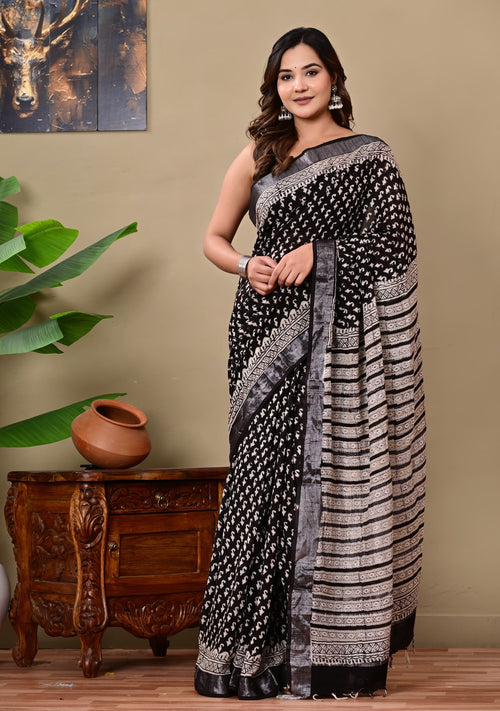 Black & Off-White Floral Buti Bagru Hand Block Print Linen Cotton Saree With Blouse Piece