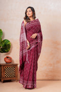 Maroon & Off-White Geometric Chevron Bagru Hand Block Print Linen Cotton Saree With Blouse Piece