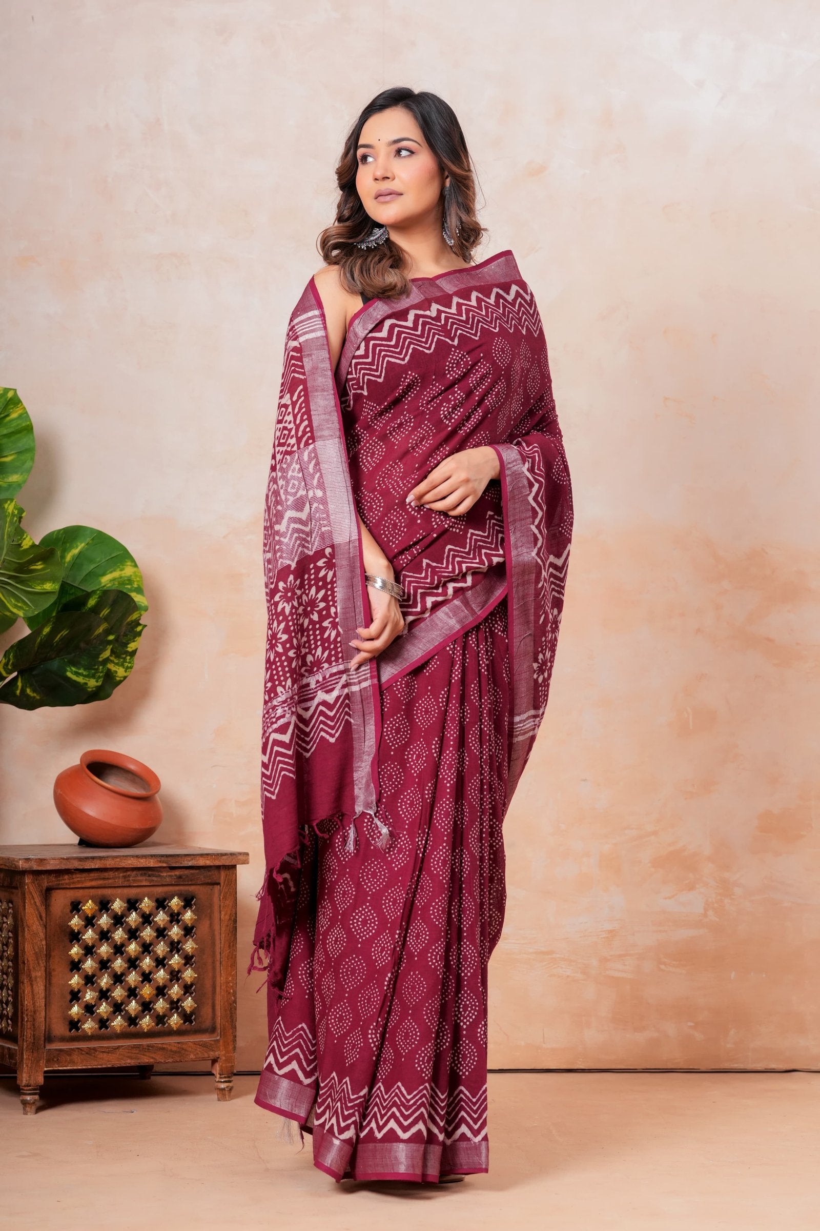 Maroon saree with geometric Bagru hand block print and natural linen texture