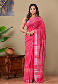 Pink & White Floral Buti Bagru Hand Block Print Linen Cotton Saree With Blouse Piece