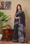 Black & White Floral Jaal Bagru Hand Block Print Linen Cotton Saree With Blouse Piece