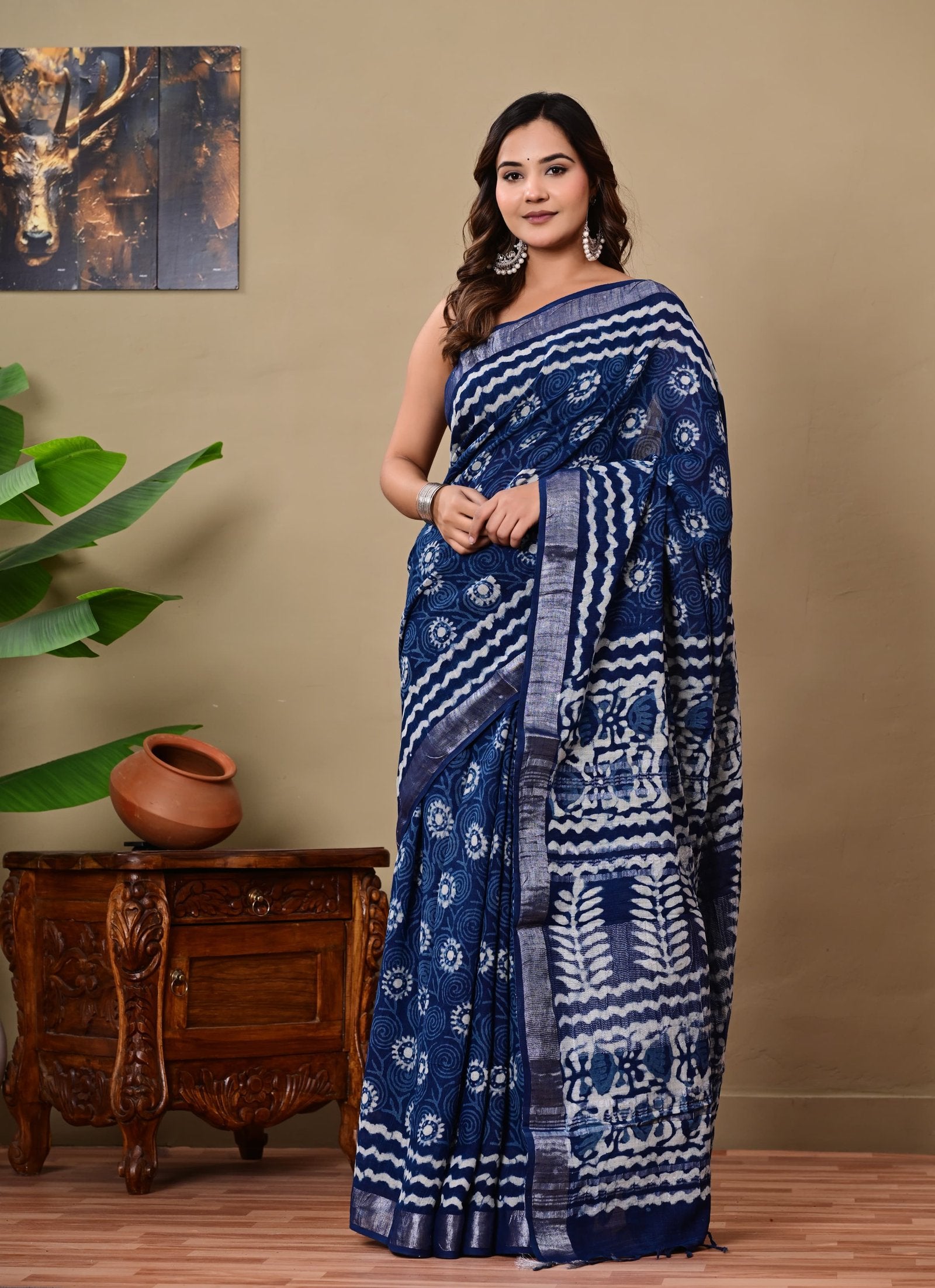 Navy blue saree with floral and geometric Bagru hand block print motifs